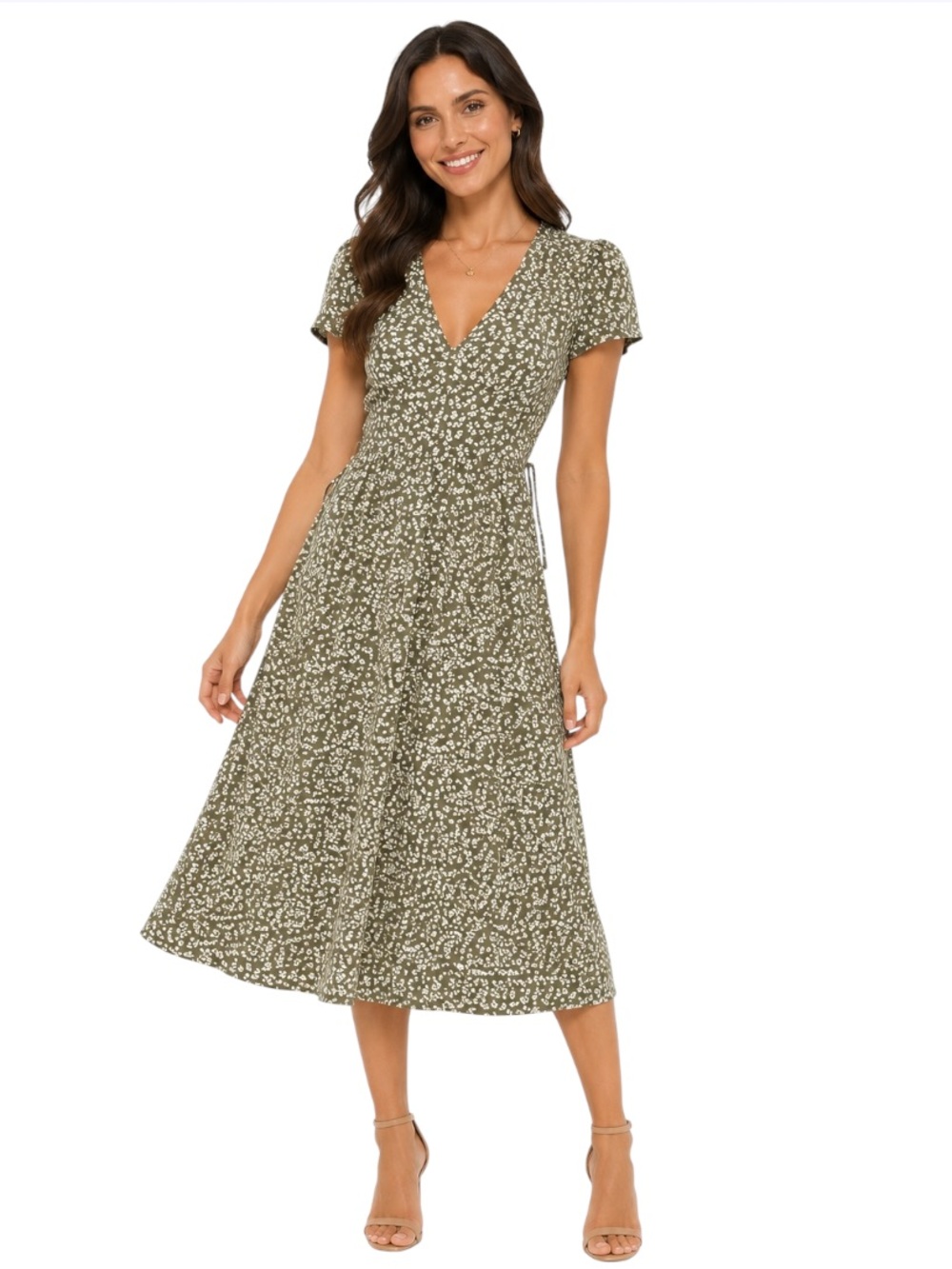 Forever 21 Floral Fit & Flare Dress Olive Green Midi Size S Bodycon Cottagecore